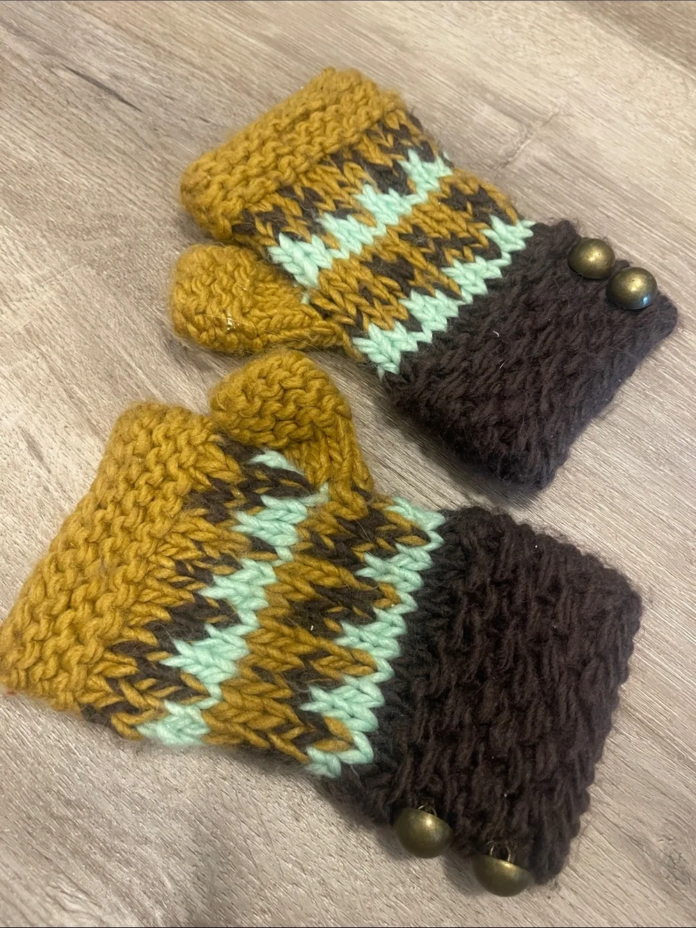 Knit Fingerless Mittens with Thumb - Mustard, Mint & Brown